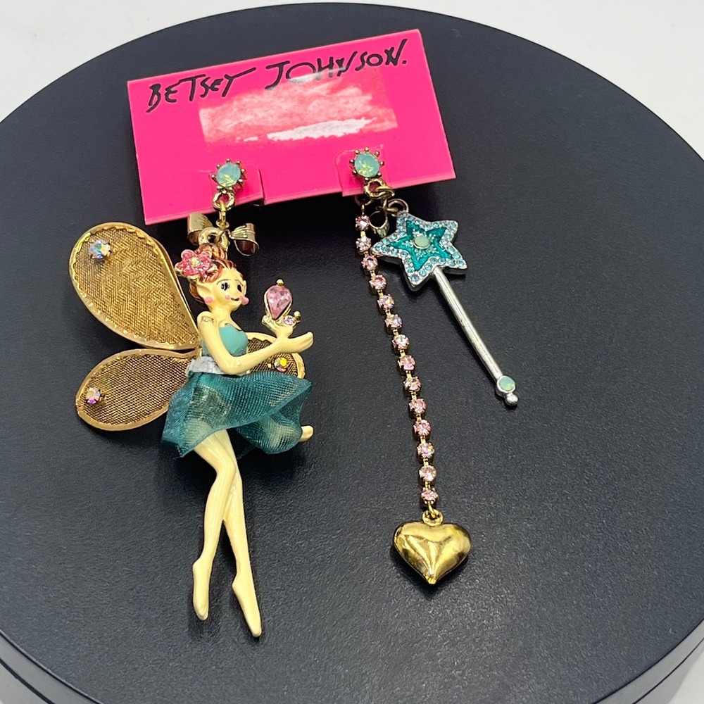 Betsey‎ Johnson Vintage Fairyland Mismatched Fairy and Wand Dangle Earrings New